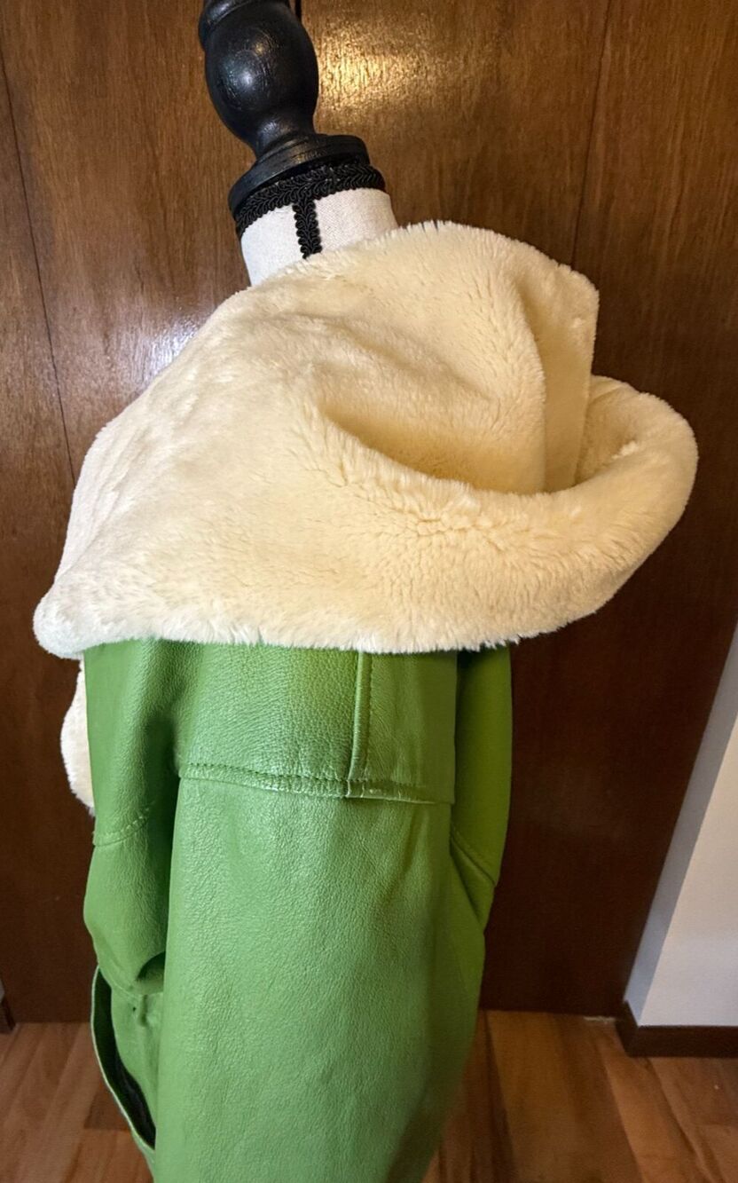 RARE Vtg Leather/Faux Fur Lined USA GREEN Coat w/Hood Penny Lane Protocol Medium - Picture 5 of 16